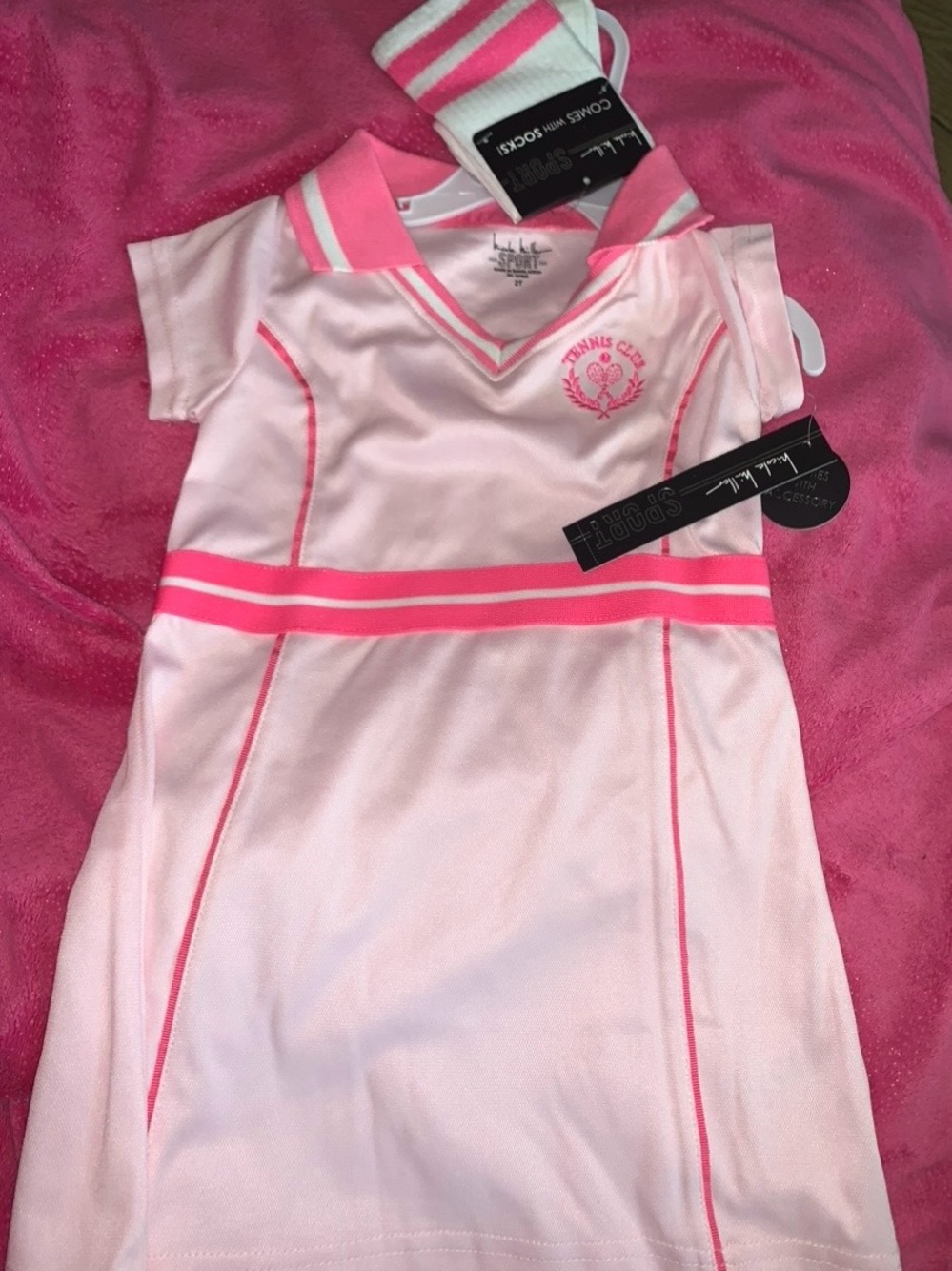 Girls 2T Nicole Miller Pink and White Tennis Polo dress  with Matching Socks